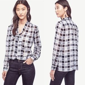 ANN TAYLOR Sheer Blue Check Tie Neck Blouse